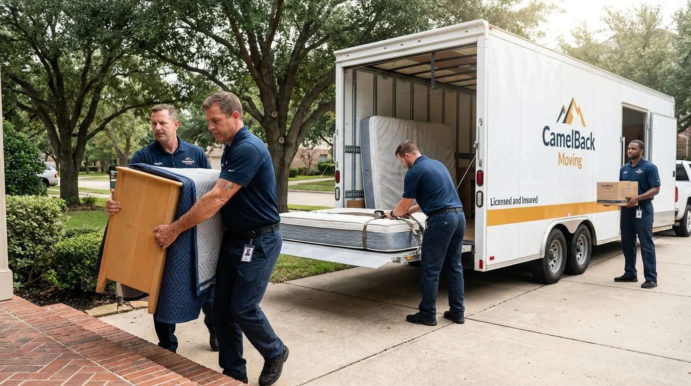 Crew loading residential truck for cross-state move from Elkhart, TX