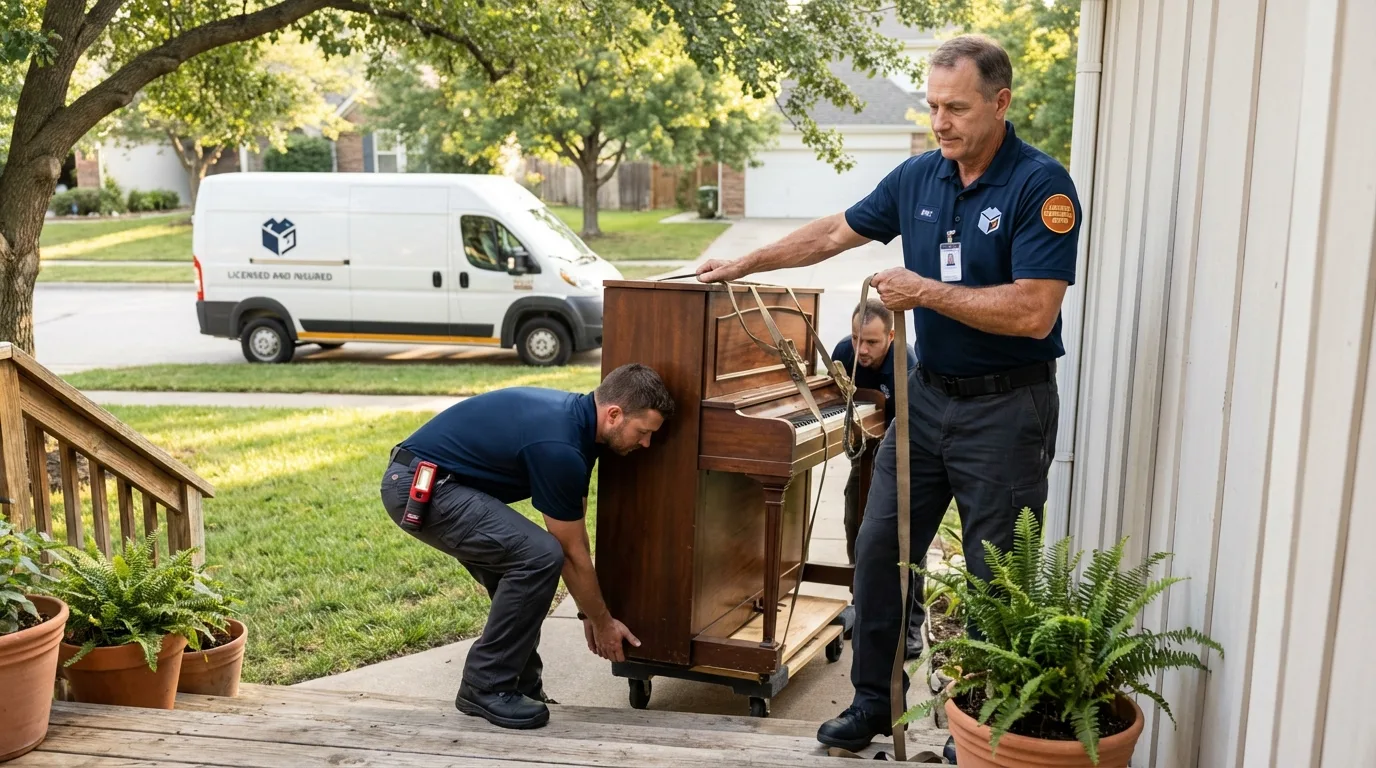 Licensed piano movers securing grand piano in Elkhart, TX