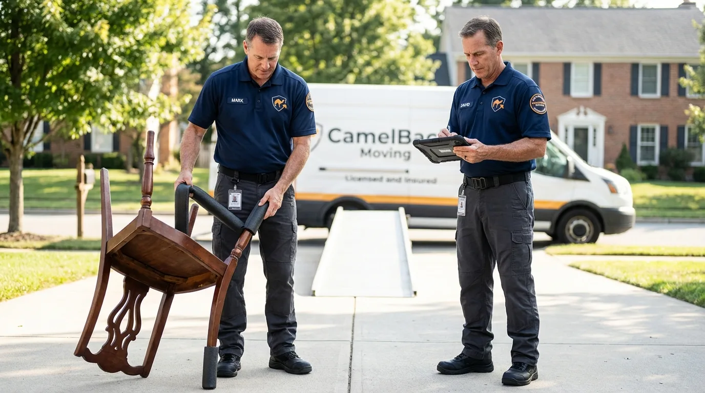 Movers inspecting furniture for damage prevention before loading in Elkhart, TX