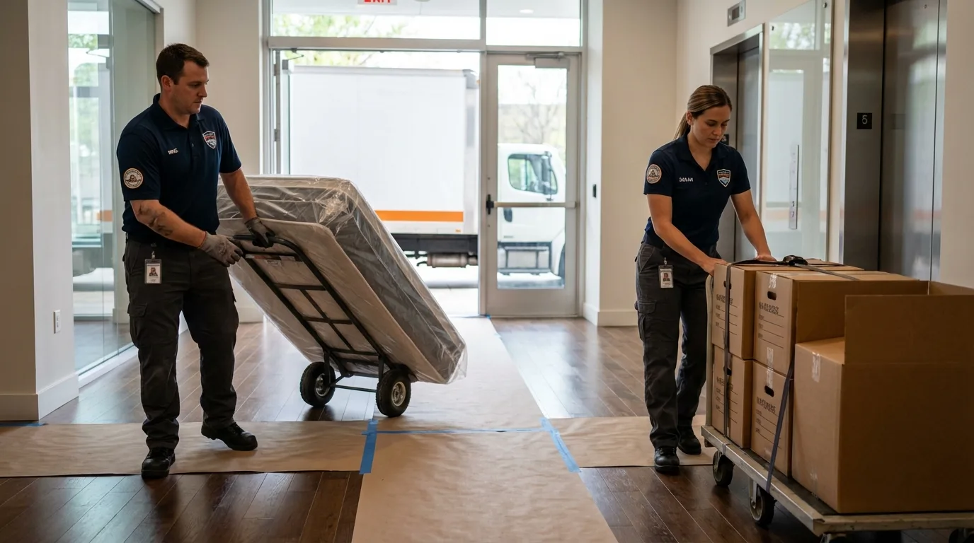 Professional apartment movers loading elevator in Elkhart, TX